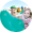 Round image of little girl with blonde hair in a pink and white dress next to a large blue/green toy on her left